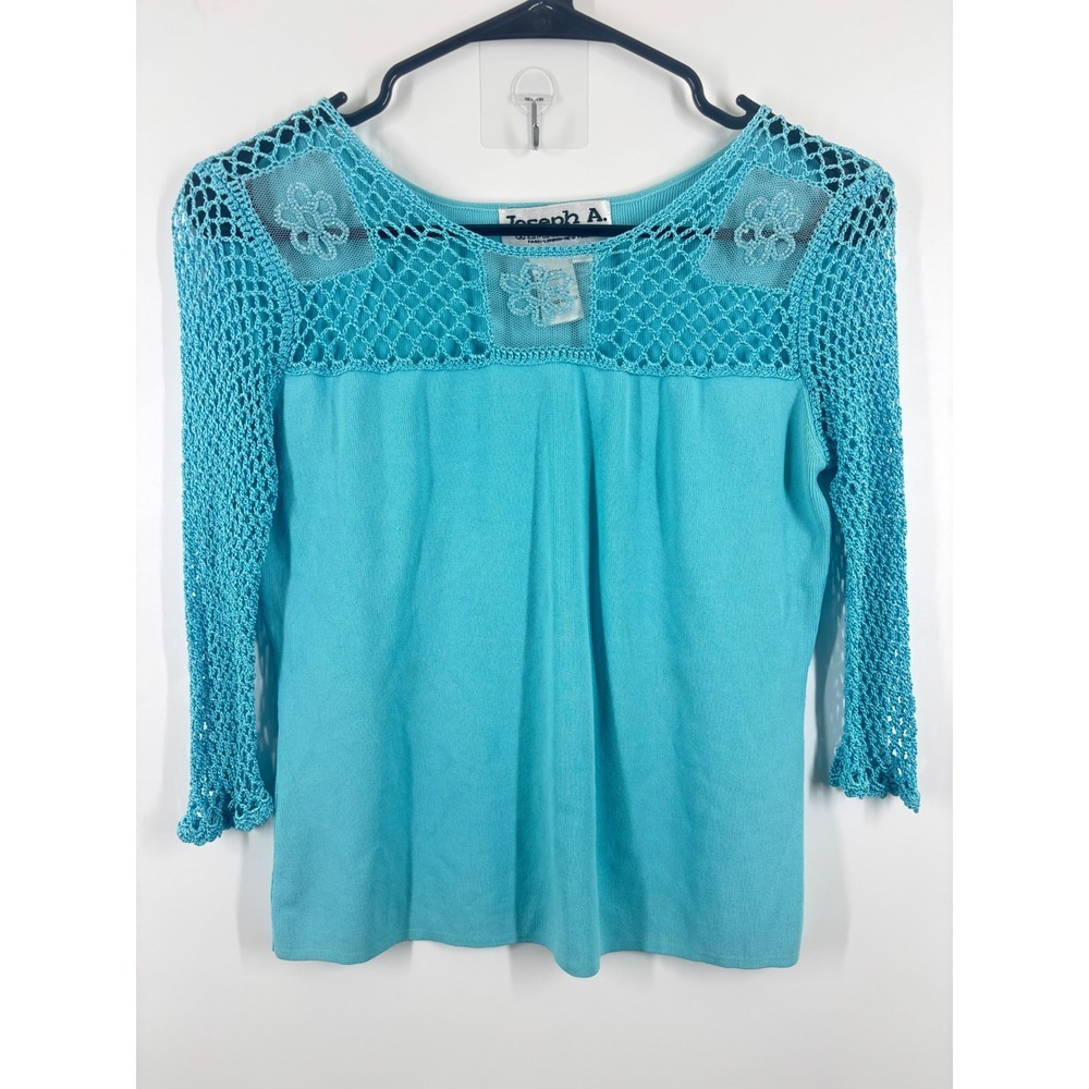 Joseph A. Womens Turquoise Blue Crochet 3/4 Sleeve Beaded Floral Knit Top Medium